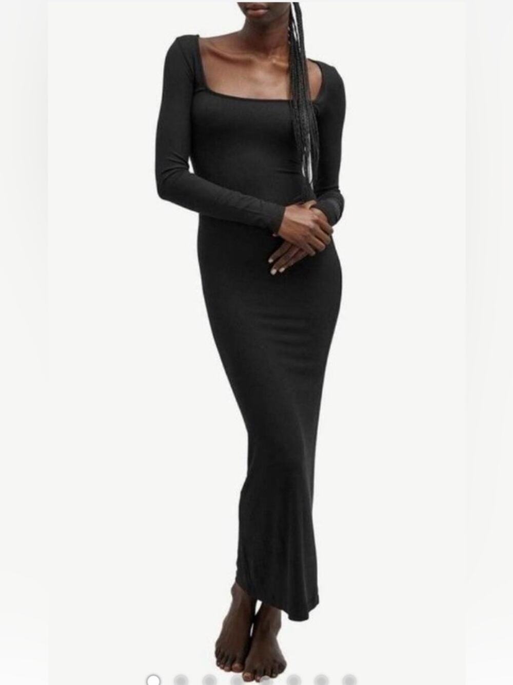 SKIMS Soft Lounge square neck Long Sleeve Lounge Bodycon Maxi Dress Rib Onyx S